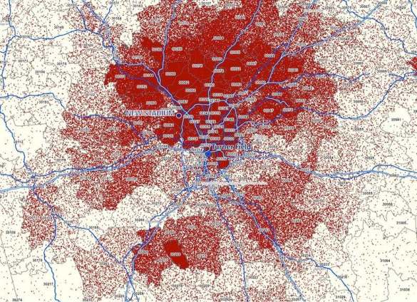 Map of locations of ticket purchasers for Braves games