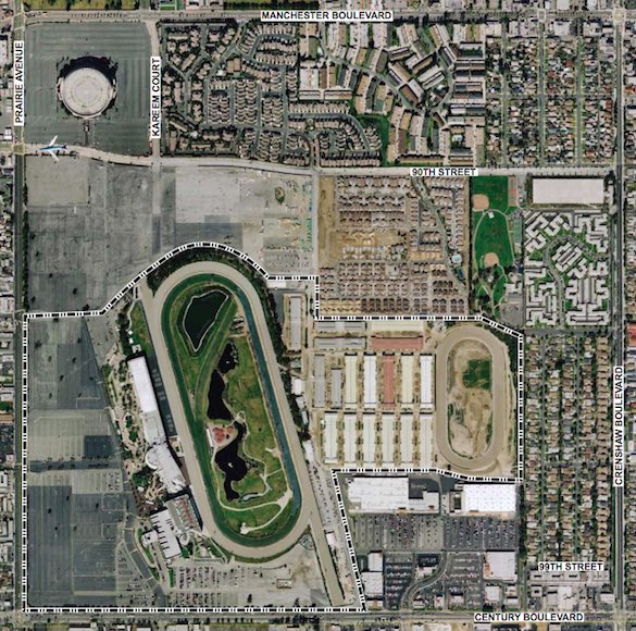 Kroenke's land is between the Forum (upper left corner) and the large race track.