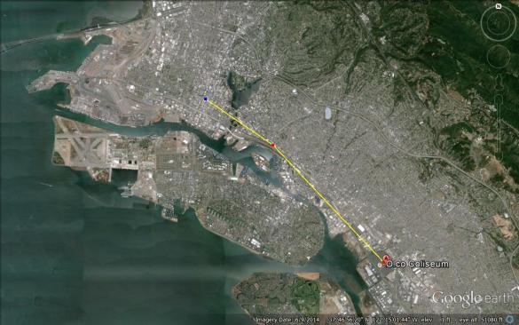 5.2 miles from the Coliseum to downtown Oakland