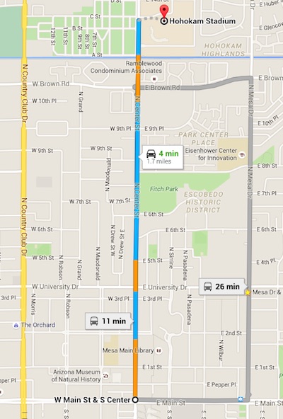1.7 miles from the Center & Main light rail station to Hohokam